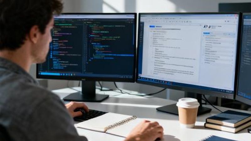 Developer working on AI chat integration at modern workstation