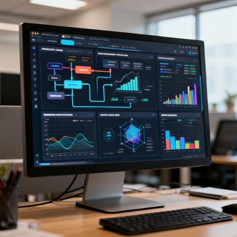 Dashboard showing various AI analytics tools interface with data processing workflows