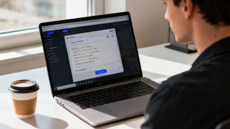 Content creator working with AI tools on laptop in modern workspace