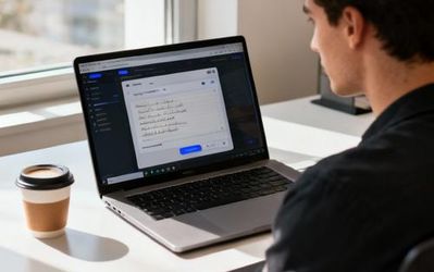 Content creator working with AI tools on laptop in modern workspace