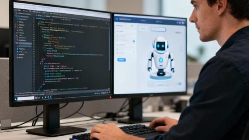 Developer working with AI tools on multiple monitors showing code and AI assistants