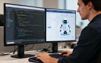 Developer working with AI tools on multiple monitors showing code and AI assistants