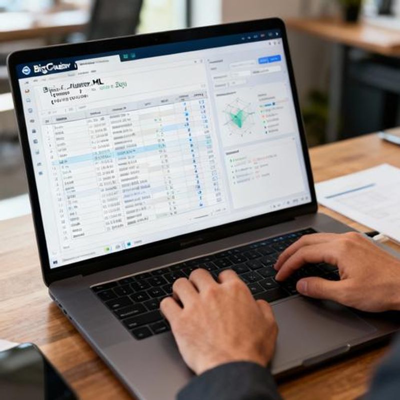 Data analyst using BigQuery ML interface on laptop screen