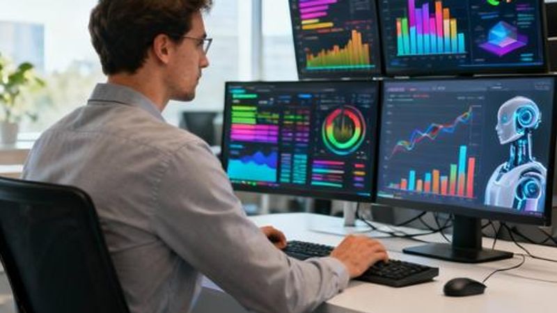 Data analyst working with AI-powered analytics dashboard on multiple monitors