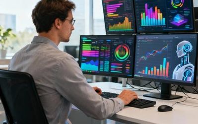 Data analyst working with AI-powered analytics dashboard on multiple monitors