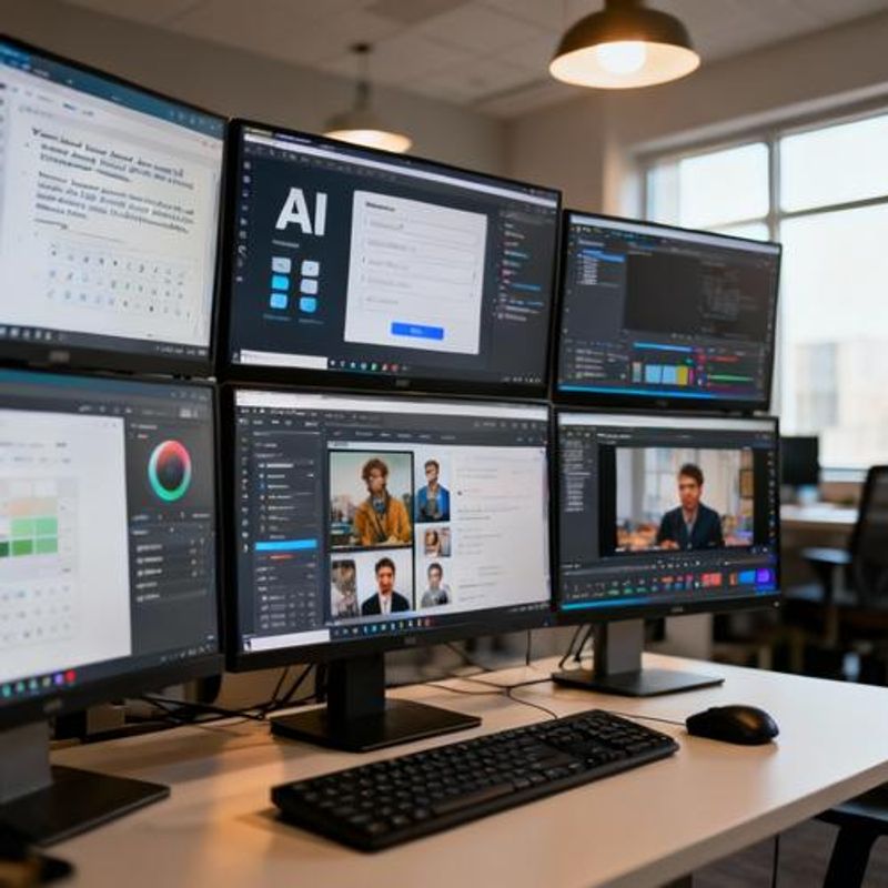 Multiple screens showing different AI content creation interfaces