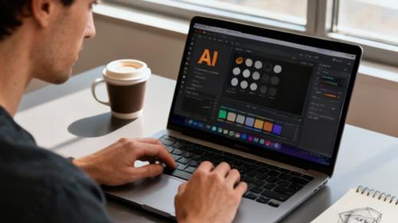 Content creator using free AI tools on laptop with creative workspace setup