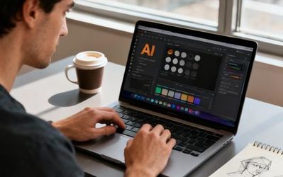 Content creator using free AI tools on laptop with creative workspace setup