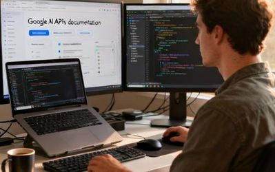 Developer working with Google AI tools on multiple monitors showing code and AI interfaces