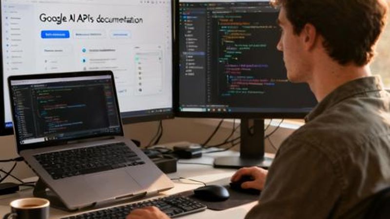 Developer working with Google AI tools on multiple monitors showing code and AI interfaces