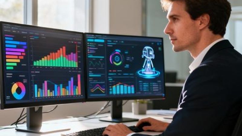 Data analyst working with AI tools on multiple screens showing charts and analytics