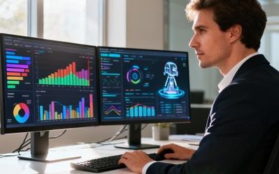 Data analyst working with AI tools on multiple screens showing charts and analytics