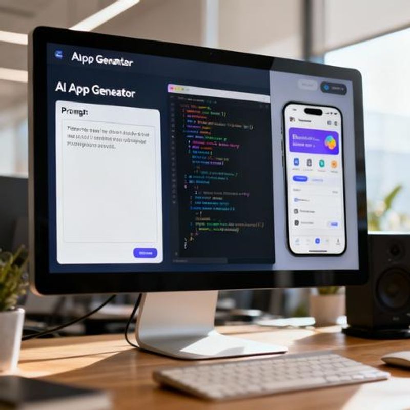 Split screen showing AI prompt input and generated application interface