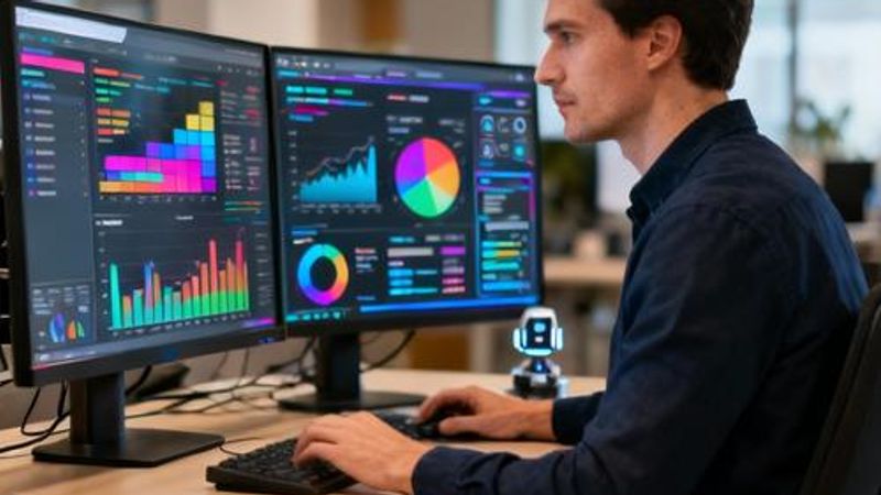 Data analyst working with AI tools on multiple monitors displaying charts and graphs