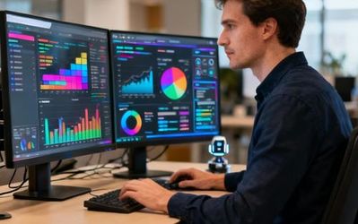 Data analyst working with AI tools on multiple monitors displaying charts and graphs