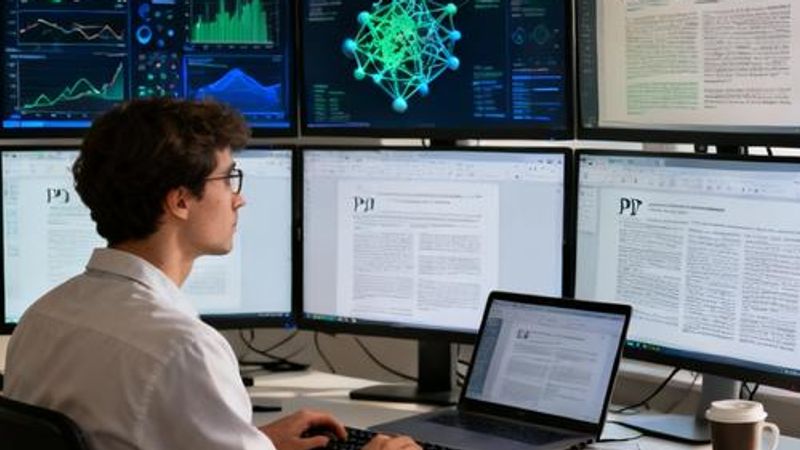 Researcher analyzing data on multiple computer screens with AI visualization tools in modern laboratory setting