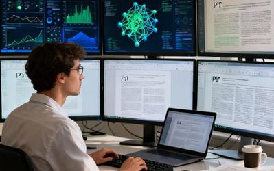 Researcher analyzing data on multiple computer screens with AI visualization tools in modern laboratory setting