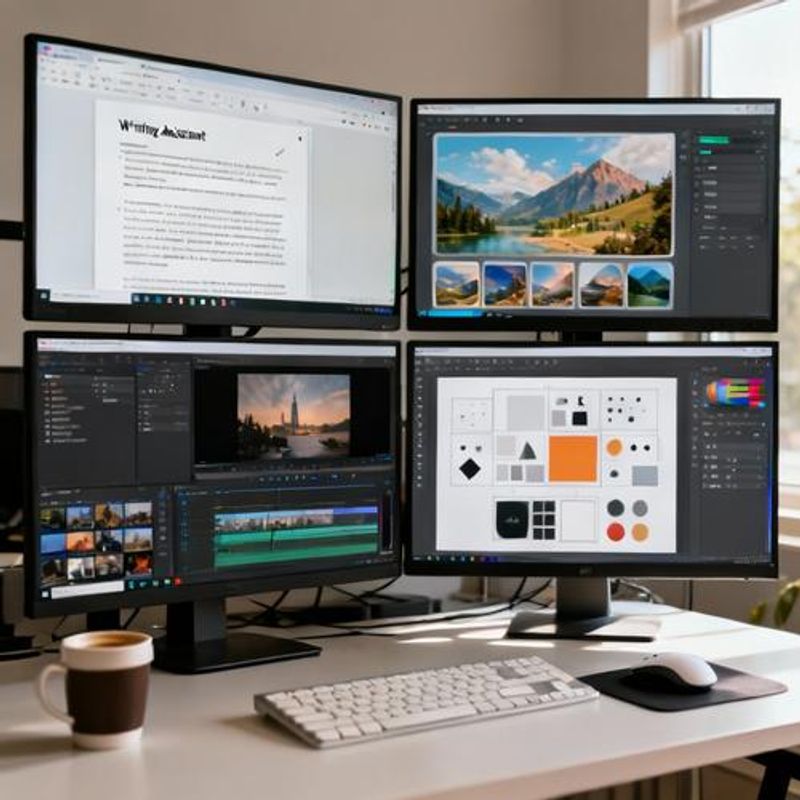 Multiple AI tools interfaces displayed on computer screens showing various creative projects