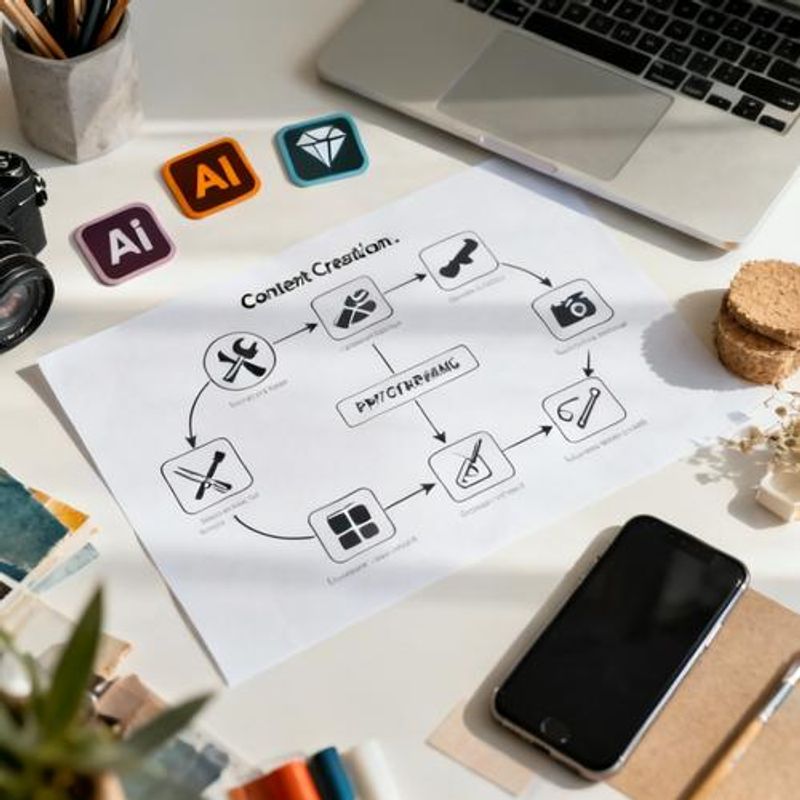 Content creator workflow diagram with AI tools integration