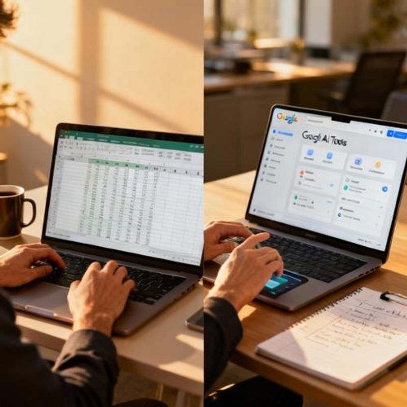 Split screen showing traditional data analysis vs Google AI-powered analysis workflow