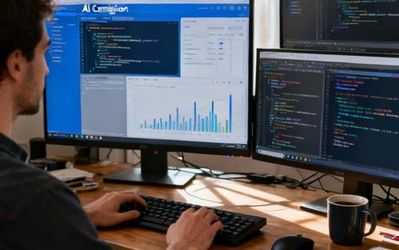 Developer working on AI set configuration on multiple monitors in a modern office
