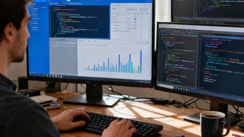 Developer working on AI set configuration on multiple monitors in a modern office