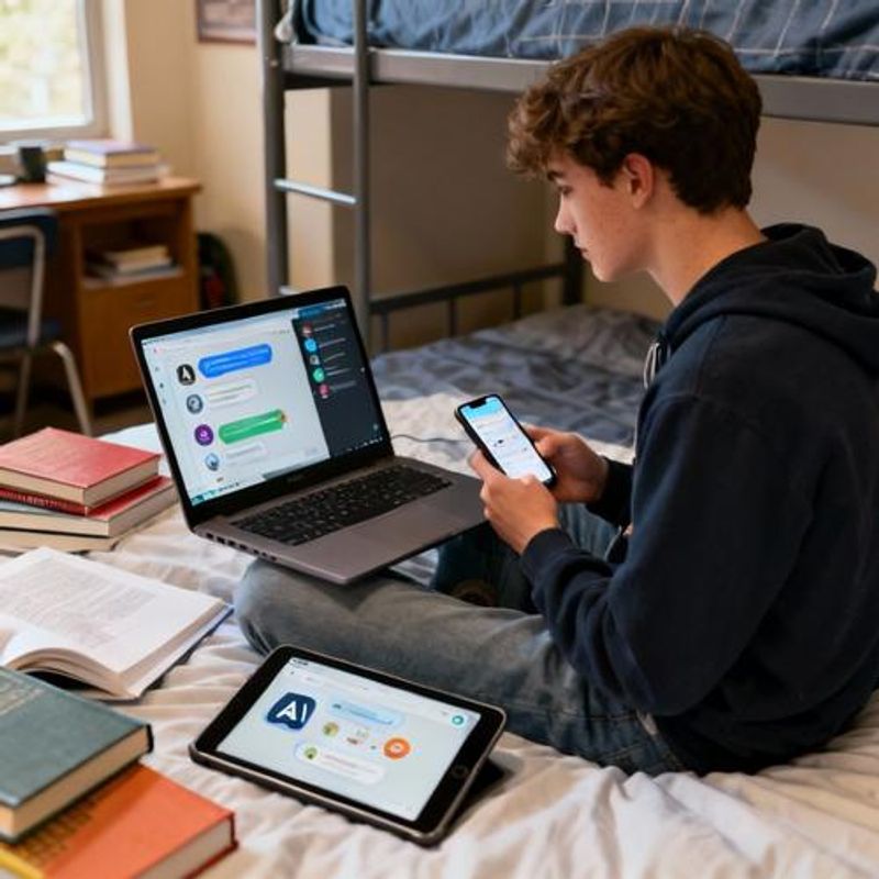 Student comparing different AI chat apps on multiple devices in dormitory