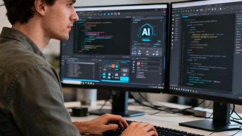 Programmer working with multiple AI tools on dual monitors
