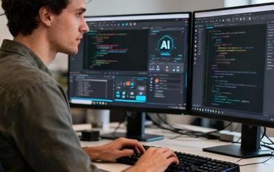 Programmer working with multiple AI tools on dual monitors