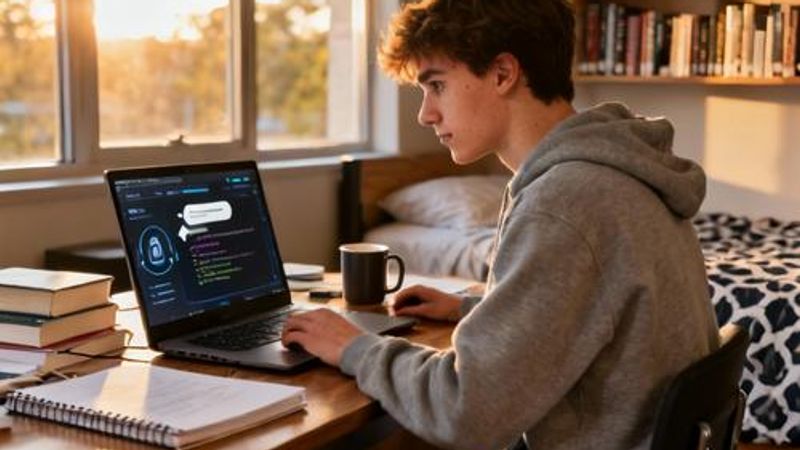 Student using laptop with AI tools interface displayed on screen