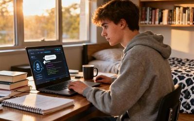 Student using laptop with AI tools interface displayed on screen