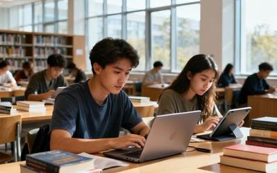 College students using AI tools on laptops in modern library study area