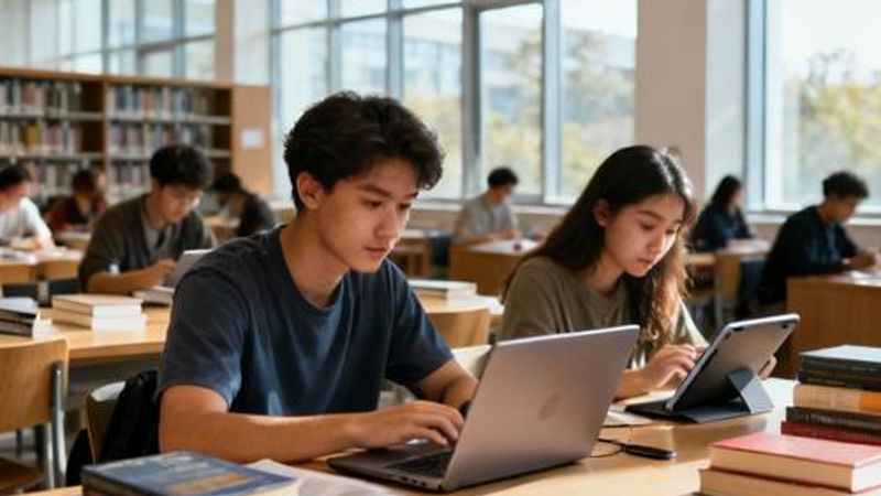 College students using AI tools on laptops in modern library study area