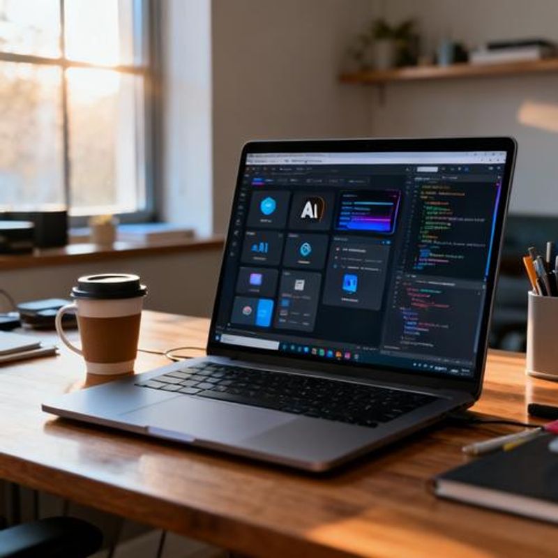 Collection of AI tool logos and interfaces arranged on a developer's workspace