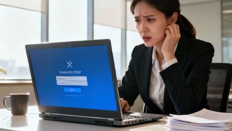 Frustrated operations professional looking at login screen on laptop with error message