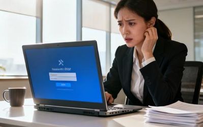 Frustrated operations professional looking at login screen on laptop with error message