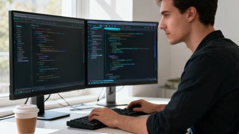 Developer working with multiple AI tools on dual monitors in modern workspace