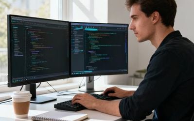 Developer working with multiple AI tools on dual monitors in modern workspace