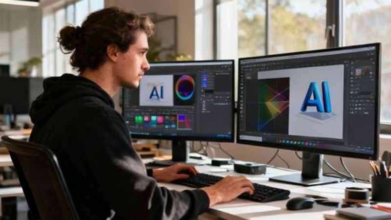 Content creator working with AI creative studio tools at modern workspace