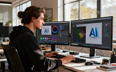 Content creator working with AI creative studio tools at modern workspace