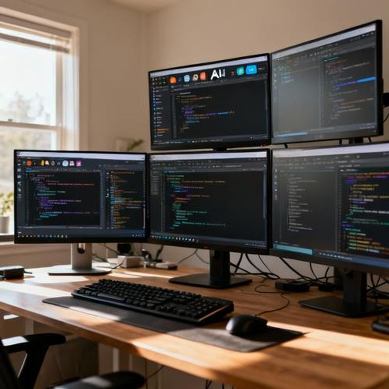 Developer's workspace showing multiple screens with AI coding tools integrated into development environment