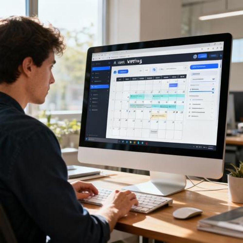 Content creator using AI writing assistant on computer screen showing organized workflow and content calendar