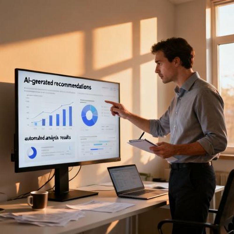 Data analyst reviewing AI-generated insights and recommendations on dashboard