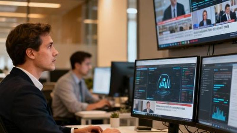 Operations team analyzing AI news and data on multiple screens in modern office