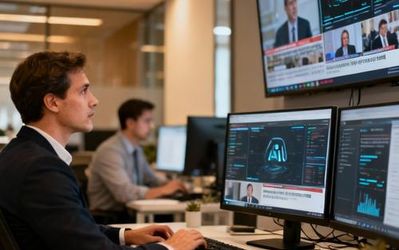 Operations team analyzing AI news and data on multiple screens in modern office
