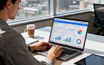 Data analyst using Google AI tools on laptop screen with charts and graphs