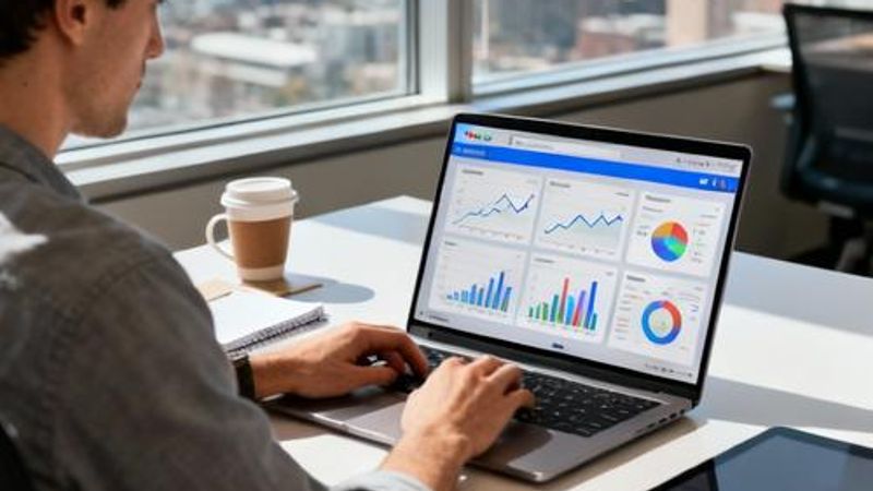 Data analyst using Google AI tools on laptop screen with charts and graphs