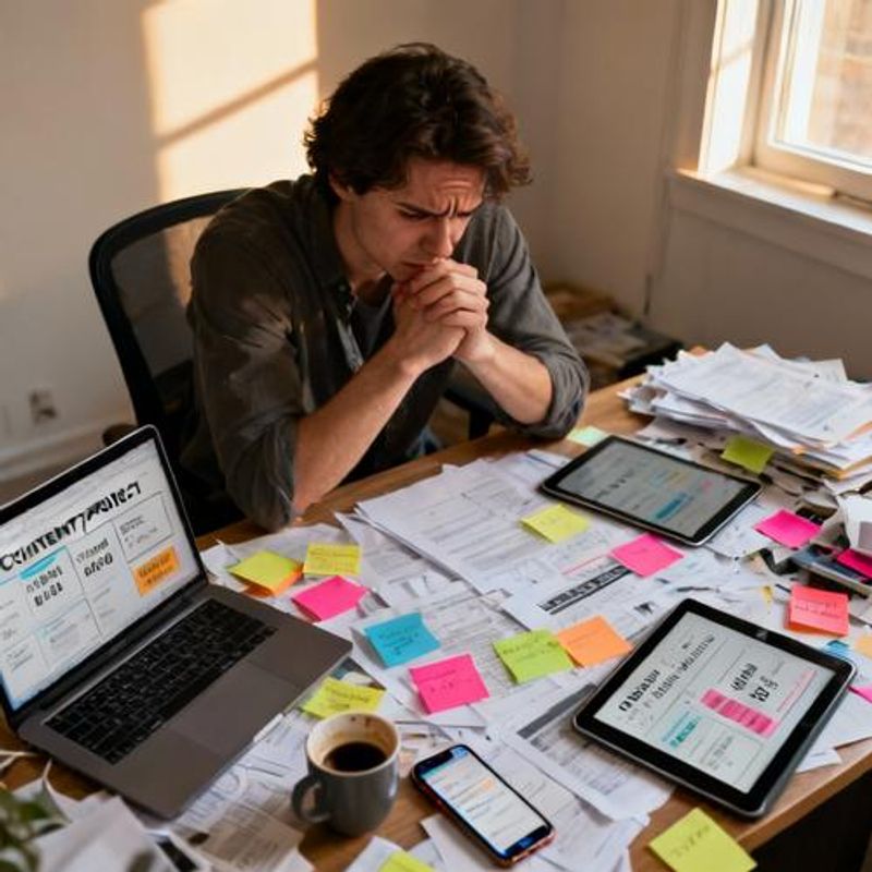 Overwhelmed content creator surrounded by papers, sticky notes, and multiple devices showing content deadlines