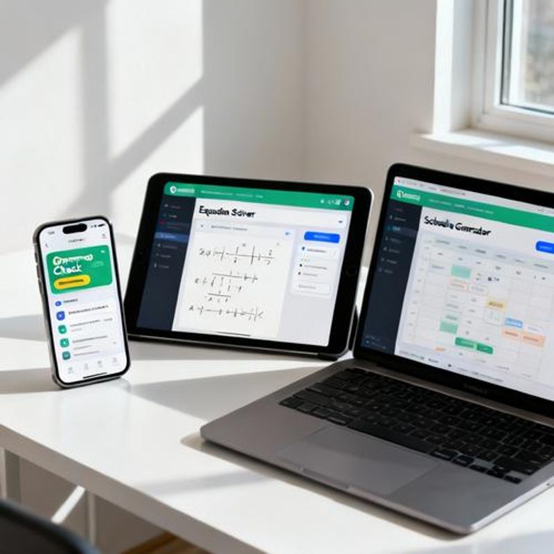 Various AI tool interfaces displayed on multiple devices