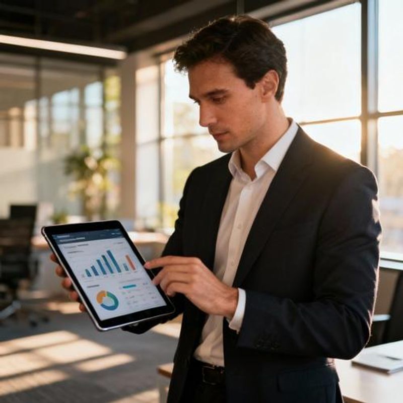 Entrepreneur reviewing AI business hub performance metrics on tablet